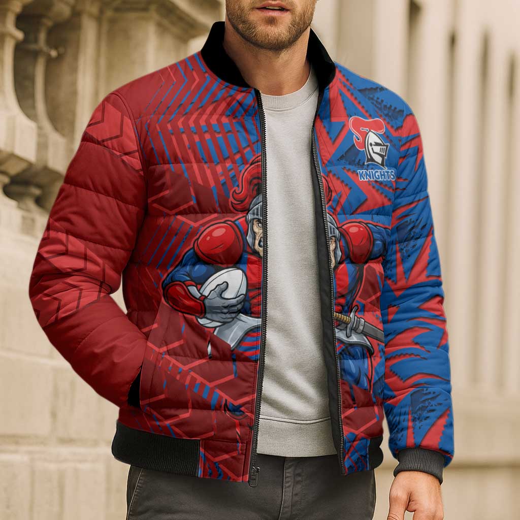 Newcastle Knights Rugby Bomber Puffer Jacket Fierce Mascot Geometric Tribal Art