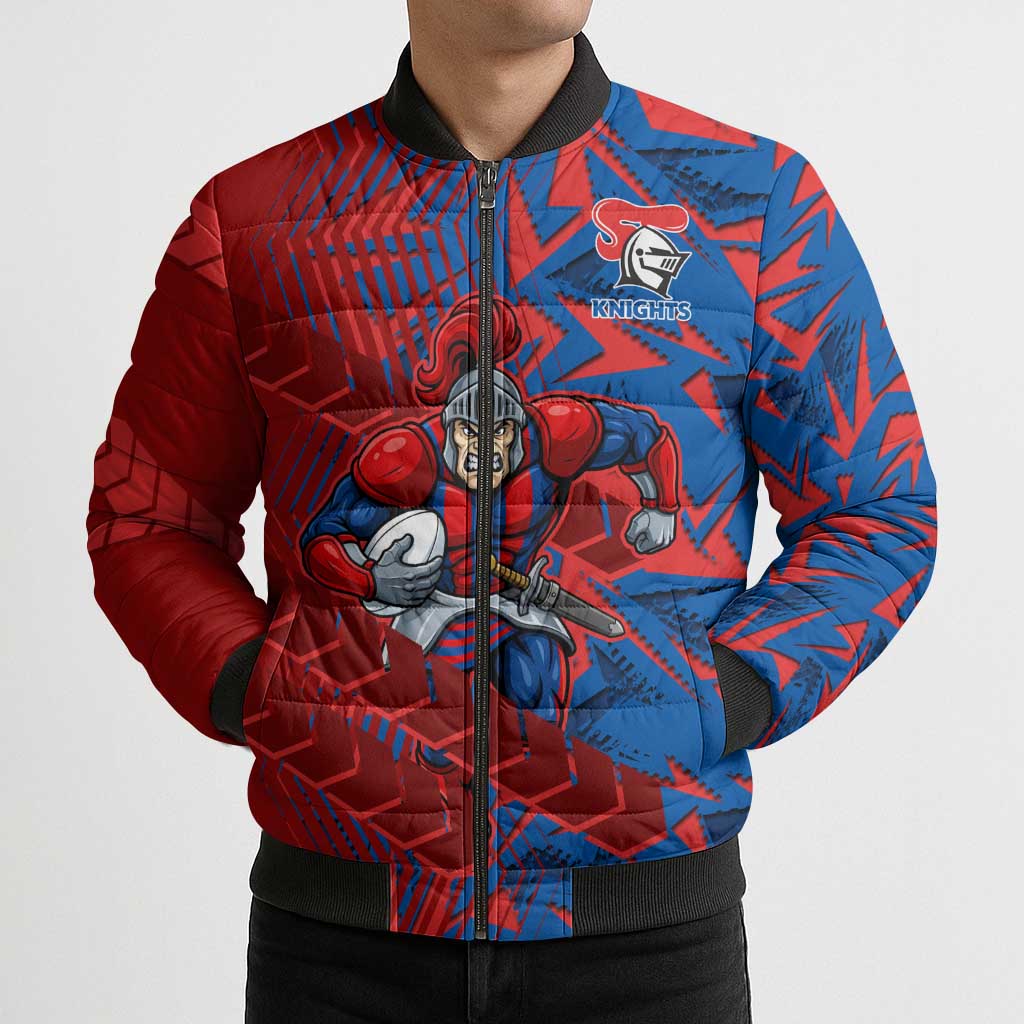 Newcastle Knights Rugby Bomber Puffer Jacket Fierce Mascot Geometric Tribal Art