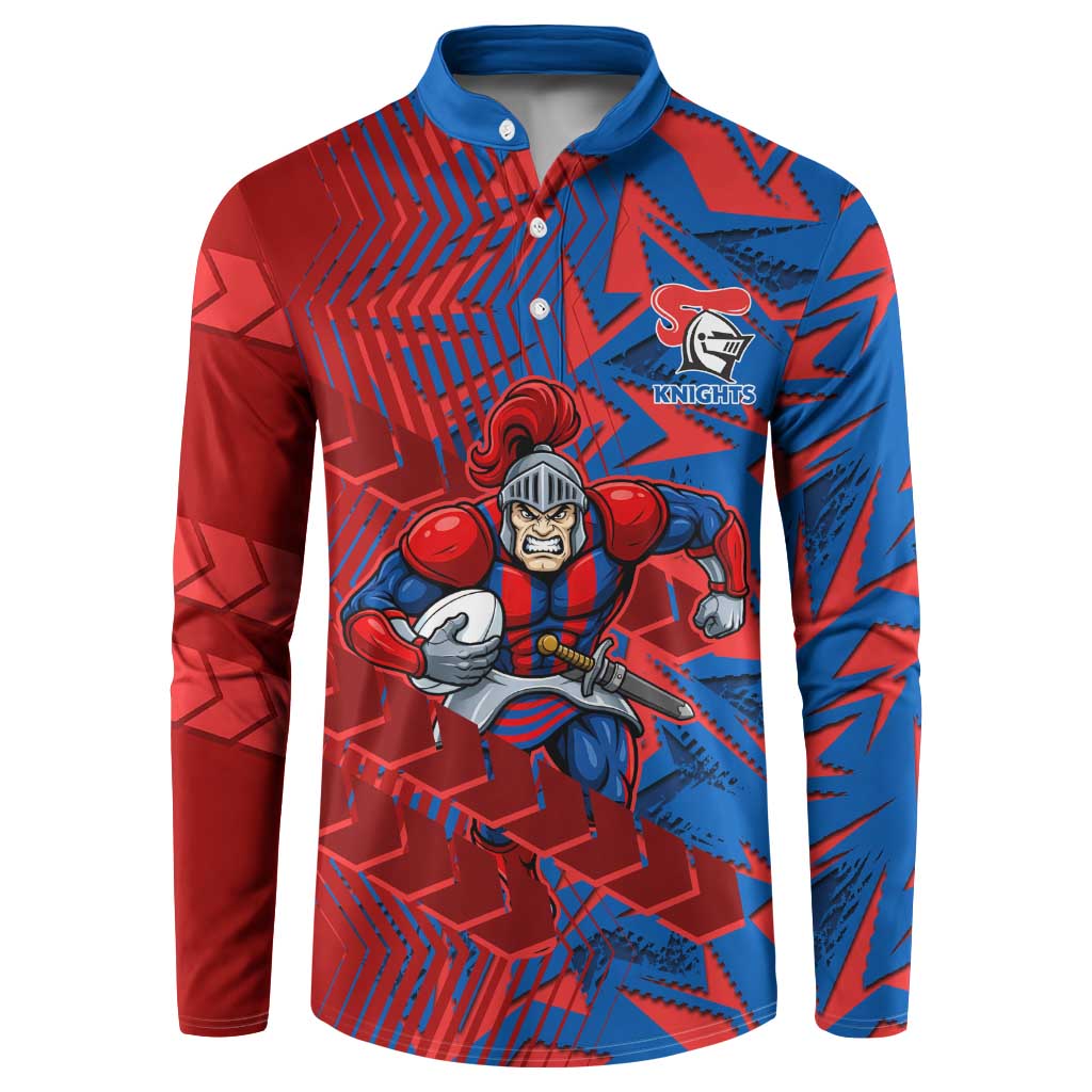 Newcastle Knights Rugby Button Sweatshirt Fierce Mascot Geometric Tribal Art