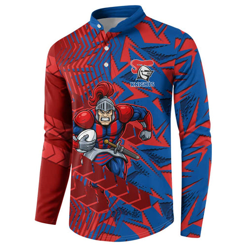 Newcastle Knights Rugby Button Sweatshirt Fierce Mascot Geometric Tribal Art