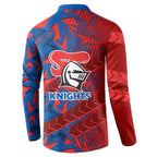 Newcastle Knights Rugby Button Sweatshirt Fierce Mascot Geometric Tribal Art