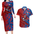 Newcastle Knights Rugby Couples Matching Long Sleeve Bodycon Dress and Hawaiian Shirt Fierce Mascot Geometric Tribal Art