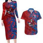 Newcastle Knights Rugby Couples Matching Long Sleeve Bodycon Dress and Hawaiian Shirt Fierce Mascot Geometric Tribal Art