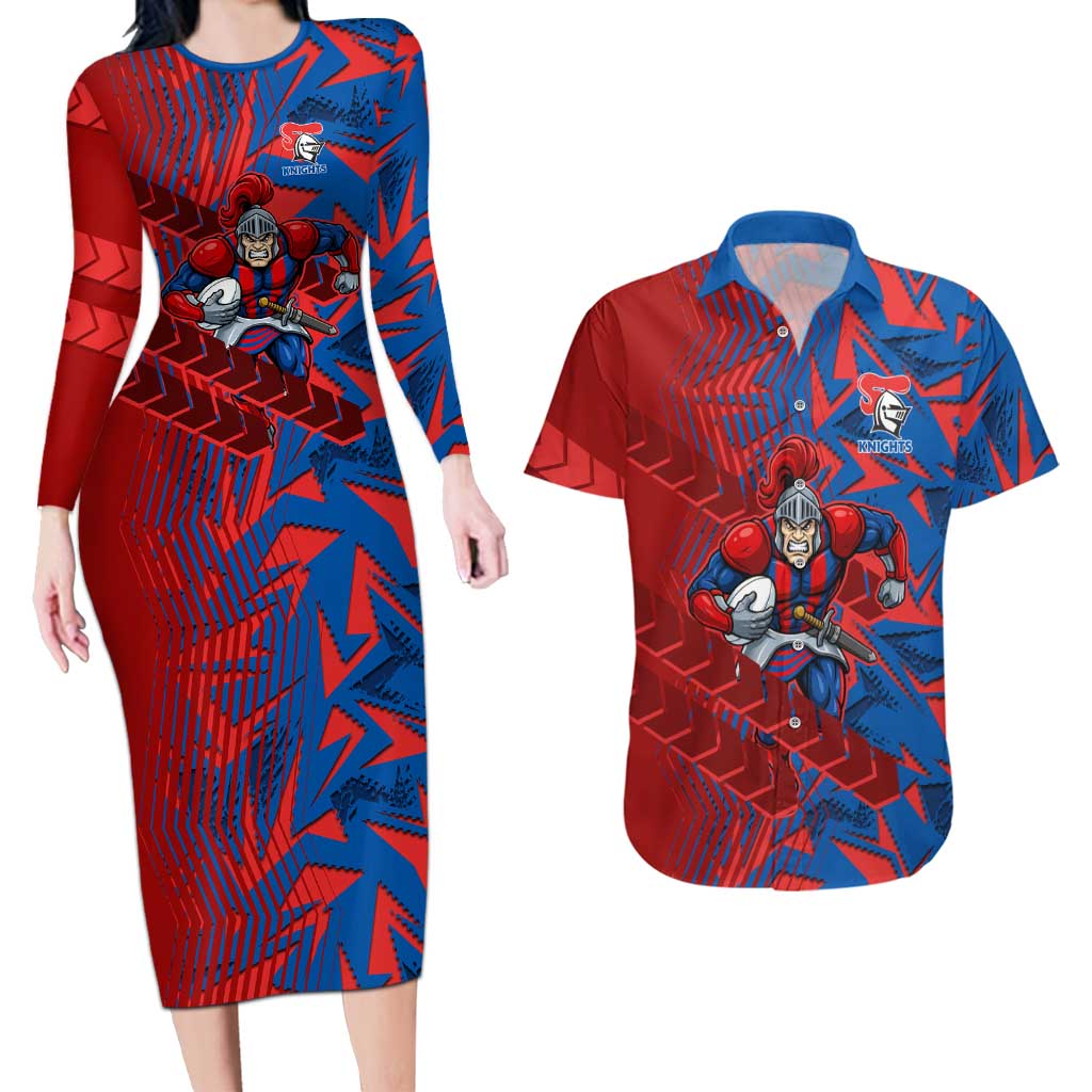 Newcastle Knights Rugby Couples Matching Long Sleeve Bodycon Dress and Hawaiian Shirt Fierce Mascot Geometric Tribal Art