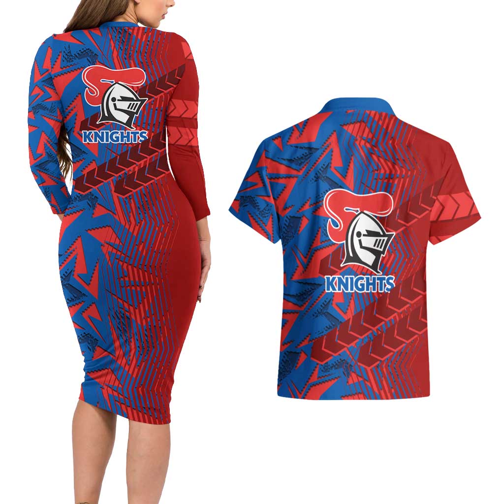 Newcastle Knights Rugby Couples Matching Long Sleeve Bodycon Dress and Hawaiian Shirt Fierce Mascot Geometric Tribal Art