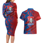 Newcastle Knights Rugby Couples Matching Long Sleeve Bodycon Dress and Hawaiian Shirt Fierce Mascot Geometric Tribal Art