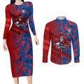 Newcastle Knights Rugby Couples Matching Long Sleeve Bodycon Dress and Long Sleeve Button Shirt Fierce Mascot Geometric Tribal Art
