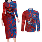 Newcastle Knights Rugby Couples Matching Long Sleeve Bodycon Dress and Long Sleeve Button Shirt Fierce Mascot Geometric Tribal Art