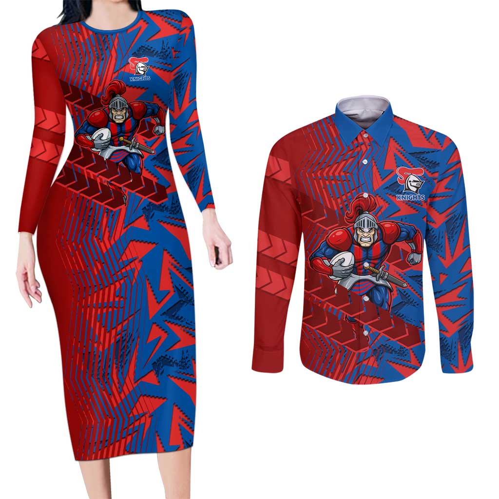 Newcastle Knights Rugby Couples Matching Long Sleeve Bodycon Dress and Long Sleeve Button Shirt Fierce Mascot Geometric Tribal Art