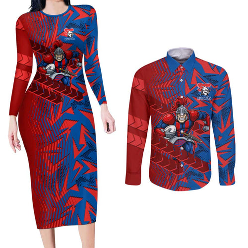 Newcastle Knights Rugby Couples Matching Long Sleeve Bodycon Dress and Long Sleeve Button Shirt Fierce Mascot Geometric Tribal Art