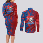 Newcastle Knights Rugby Couples Matching Long Sleeve Bodycon Dress and Long Sleeve Button Shirt Fierce Mascot Geometric Tribal Art