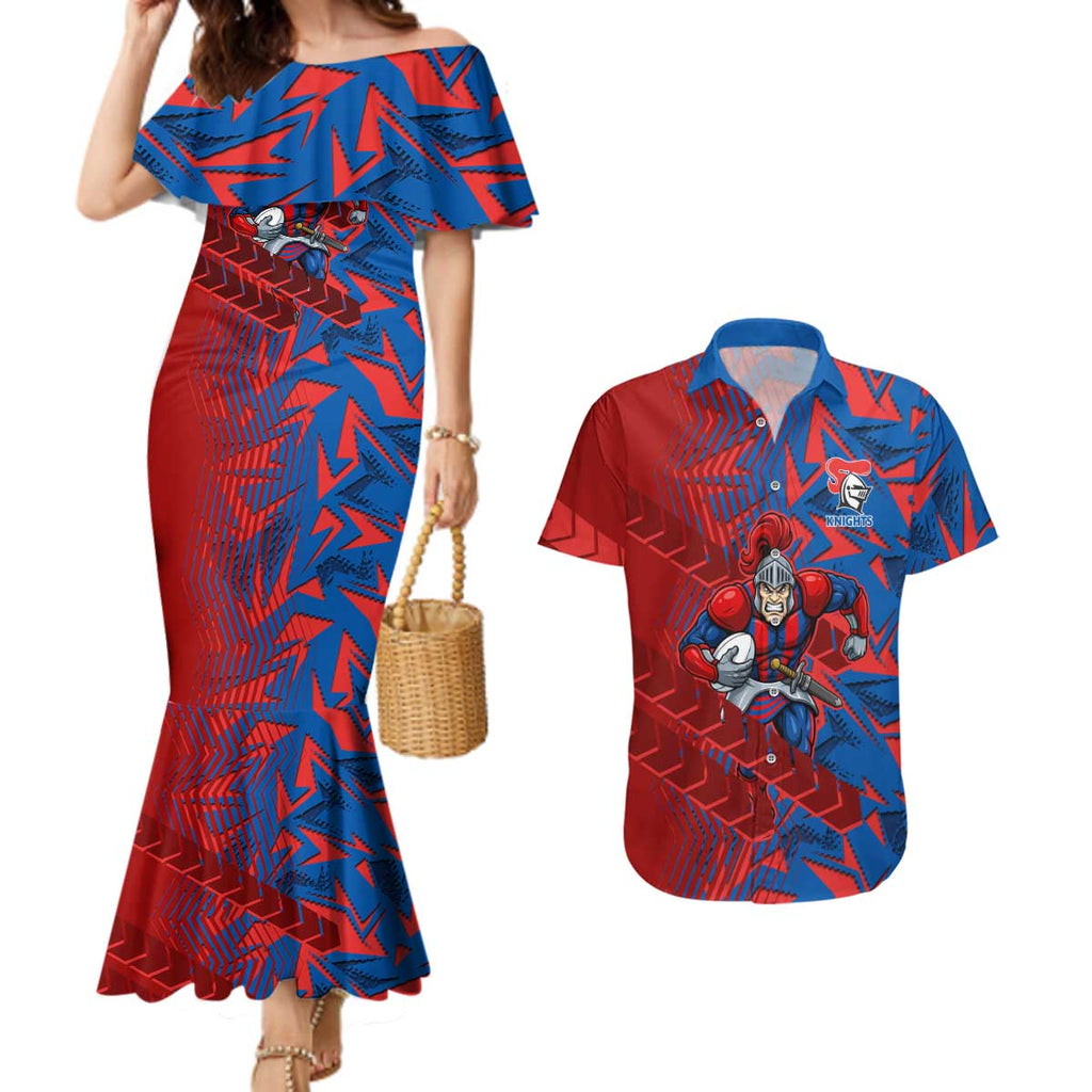 Newcastle Knights Rugby Couples Matching Mermaid Dress and Hawaiian Shirt Fierce Mascot Geometric Tribal Art