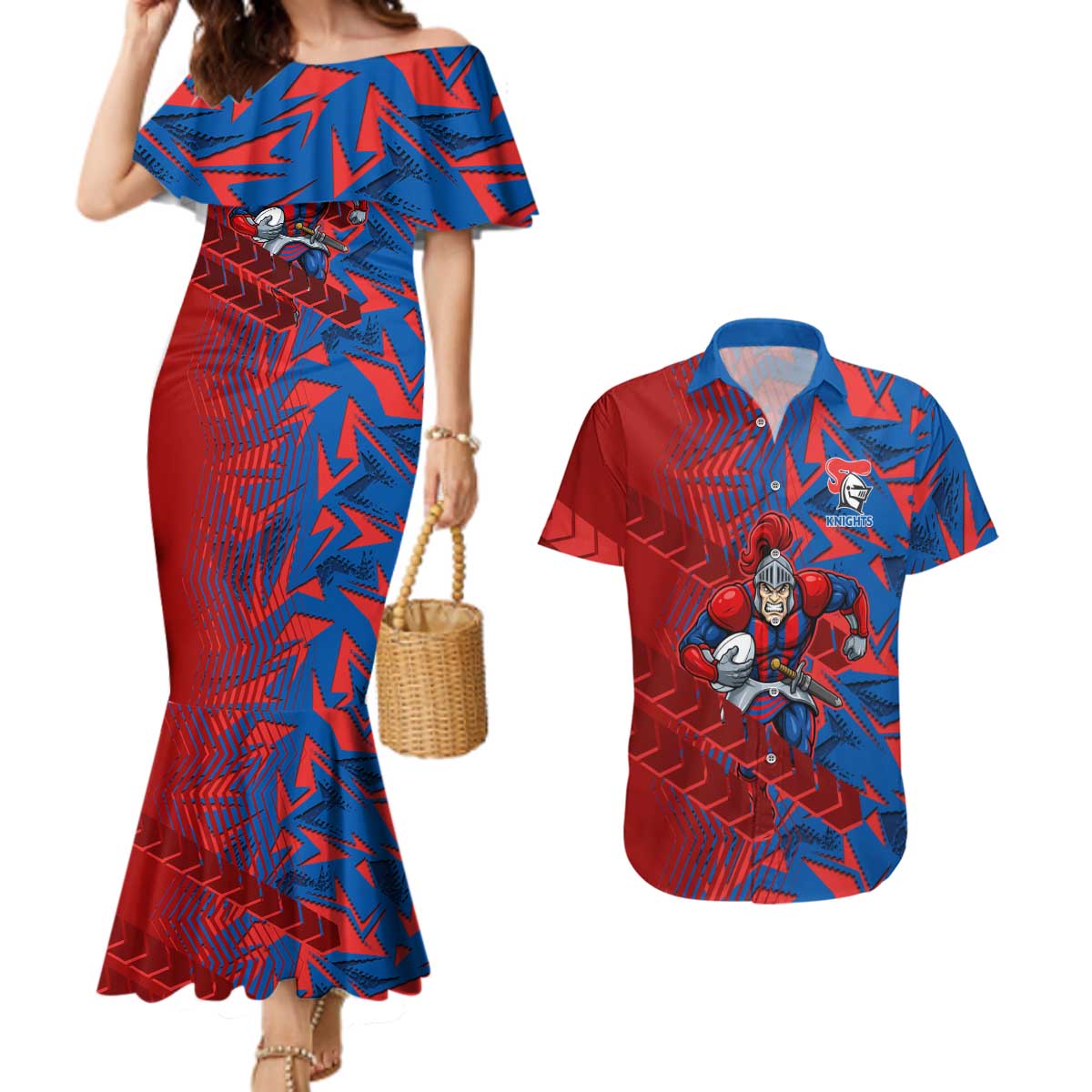 Newcastle Knights Rugby Couples Matching Mermaid Dress and Hawaiian Shirt Fierce Mascot Geometric Tribal Art