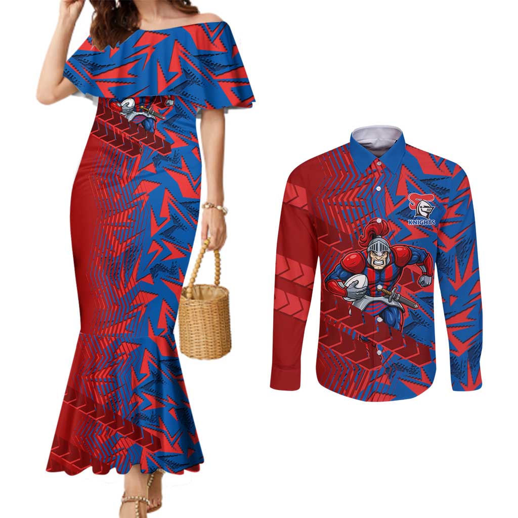 Newcastle Knights Rugby Couples Matching Mermaid Dress and Long Sleeve Button Shirt Fierce Mascot Geometric Tribal Art