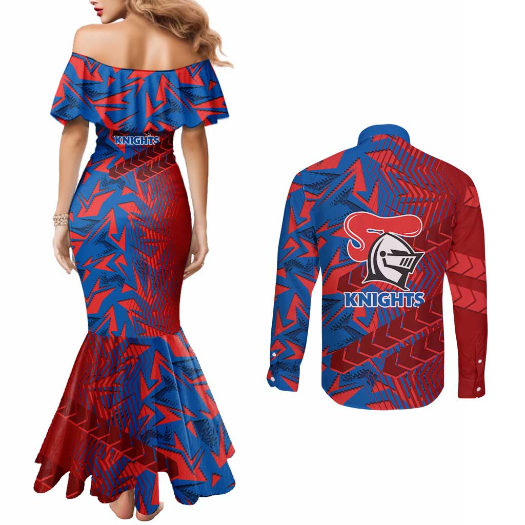 Newcastle Knights Rugby Couples Matching Mermaid Dress and Long Sleeve Button Shirt Fierce Mascot Geometric Tribal Art
