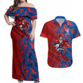 Newcastle Knights Rugby Couples Matching Off Shoulder Maxi Dress and Hawaiian Shirt Fierce Mascot Geometric Tribal Art