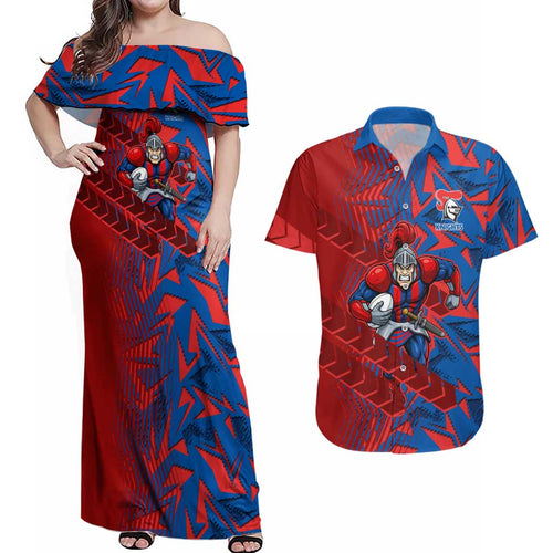 Newcastle Knights Rugby Couples Matching Off Shoulder Maxi Dress and Hawaiian Shirt Fierce Mascot Geometric Tribal Art