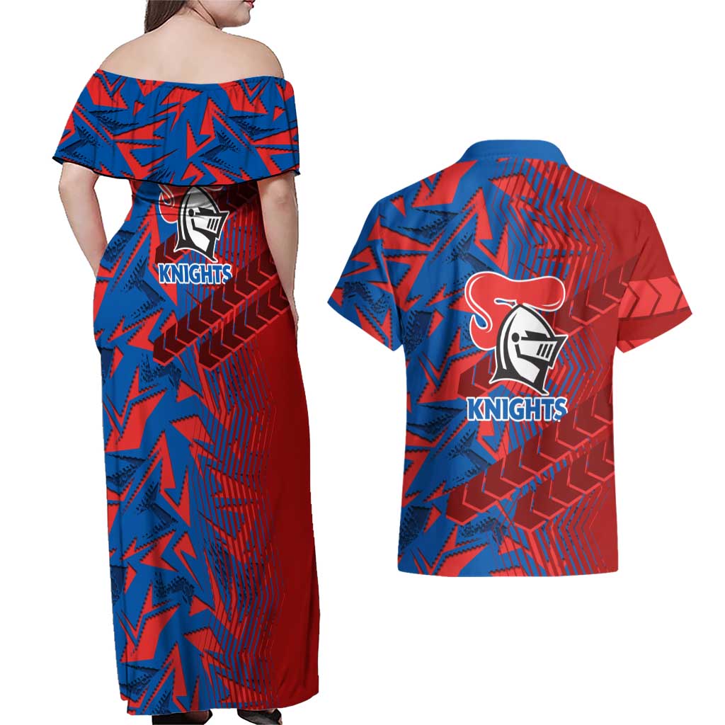 Newcastle Knights Rugby Couples Matching Off Shoulder Maxi Dress and Hawaiian Shirt Fierce Mascot Geometric Tribal Art