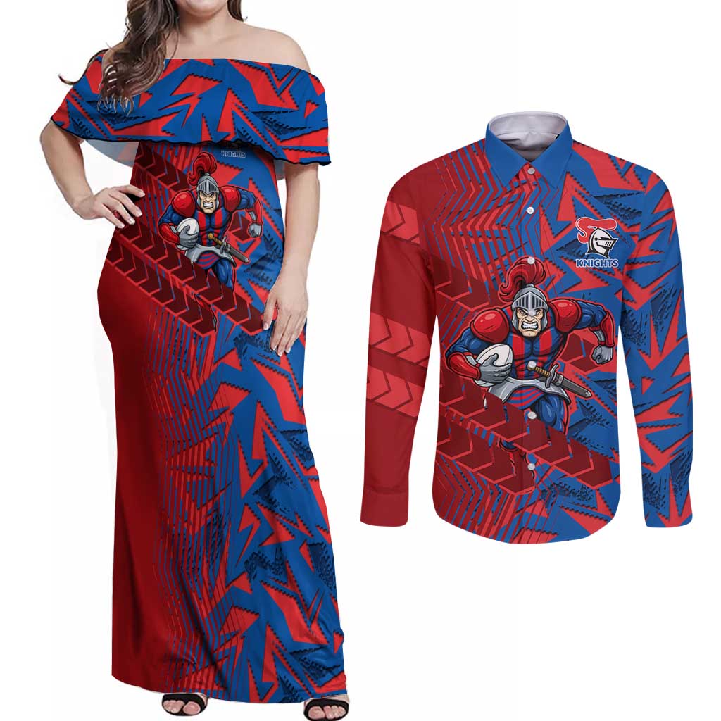 Newcastle Knights Rugby Couples Matching Off Shoulder Maxi Dress and Long Sleeve Button Shirt Fierce Mascot Geometric Tribal Art