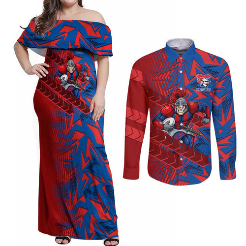 Newcastle Knights Rugby Couples Matching Off Shoulder Maxi Dress and Long Sleeve Button Shirt Fierce Mascot Geometric Tribal Art