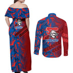 Newcastle Knights Rugby Couples Matching Off Shoulder Maxi Dress and Long Sleeve Button Shirt Fierce Mascot Geometric Tribal Art