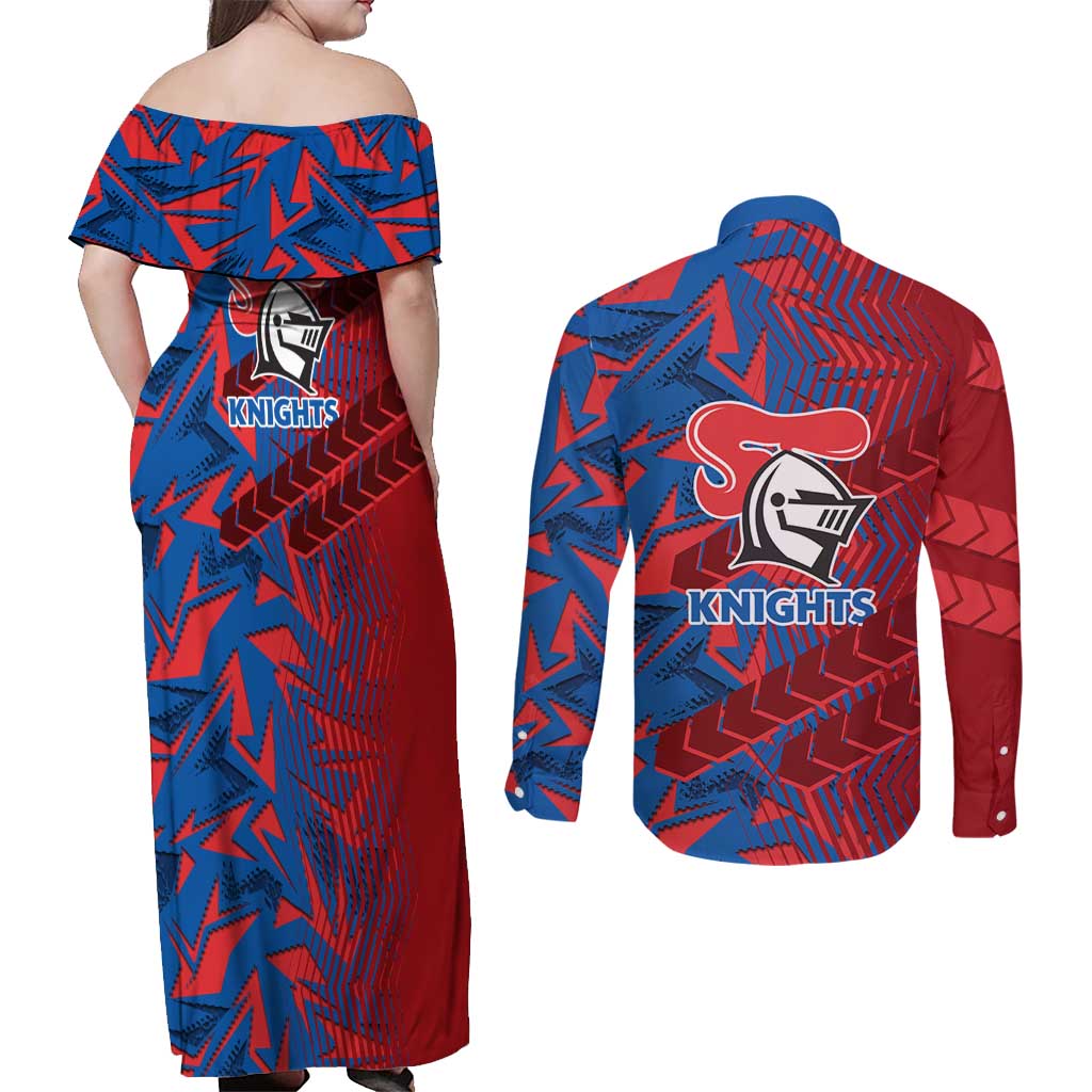 Newcastle Knights Rugby Couples Matching Off Shoulder Maxi Dress and Long Sleeve Button Shirt Fierce Mascot Geometric Tribal Art