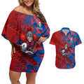Newcastle Knights Rugby Couples Matching Off Shoulder Short Dress and Hawaiian Shirt Fierce Mascot Geometric Tribal Art