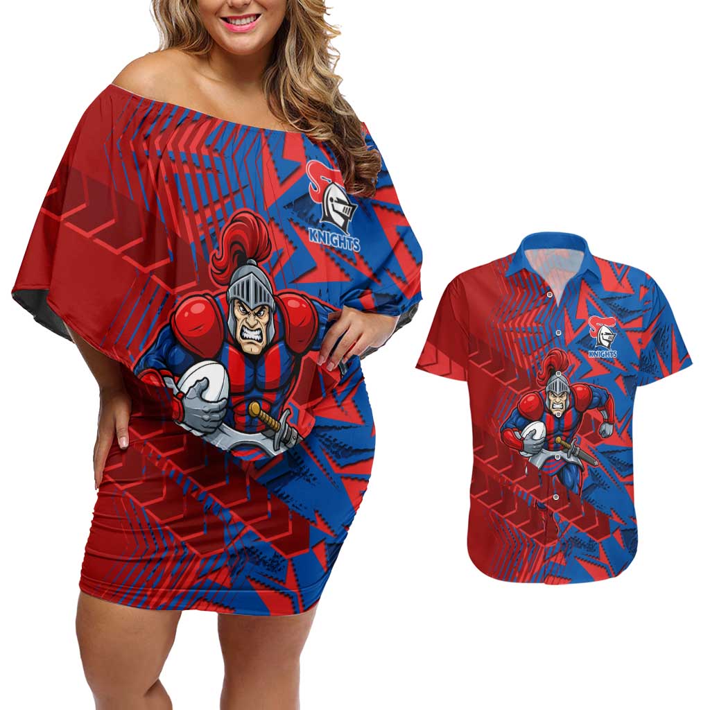 Newcastle Knights Rugby Couples Matching Off Shoulder Short Dress and Hawaiian Shirt Fierce Mascot Geometric Tribal Art