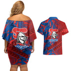Newcastle Knights Rugby Couples Matching Off Shoulder Short Dress and Hawaiian Shirt Fierce Mascot Geometric Tribal Art