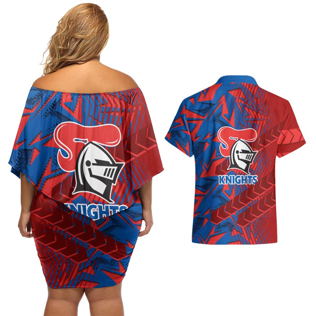 Newcastle Knights Rugby Couples Matching Off Shoulder Short Dress and Hawaiian Shirt Fierce Mascot Geometric Tribal Art