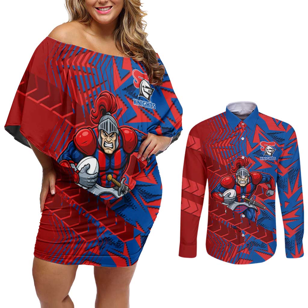 Newcastle Knights Rugby Couples Matching Off Shoulder Short Dress and Long Sleeve Button Shirt Fierce Mascot Geometric Tribal Art