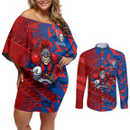 Newcastle Knights Rugby Couples Matching Off Shoulder Short Dress and Long Sleeve Button Shirt Fierce Mascot Geometric Tribal Art