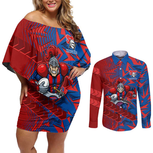 Newcastle Knights Rugby Couples Matching Off Shoulder Short Dress and Long Sleeve Button Shirt Fierce Mascot Geometric Tribal Art