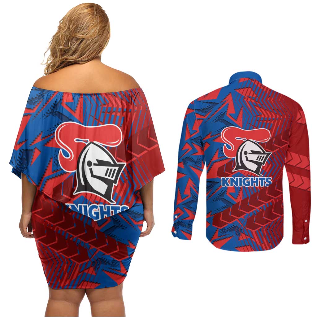 Newcastle Knights Rugby Couples Matching Off Shoulder Short Dress and Long Sleeve Button Shirt Fierce Mascot Geometric Tribal Art