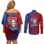 Newcastle Knights Rugby Couples Matching Off Shoulder Short Dress and Long Sleeve Button Shirt Fierce Mascot Geometric Tribal Art