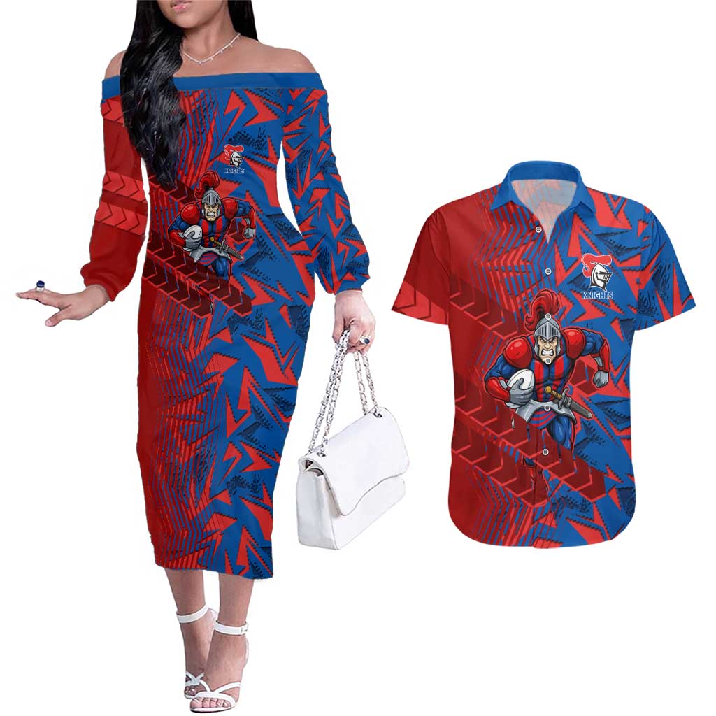 Newcastle Knights Rugby Couples Matching Off The Shoulder Long Sleeve Dress and Hawaiian Shirt Fierce Mascot Geometric Tribal Art