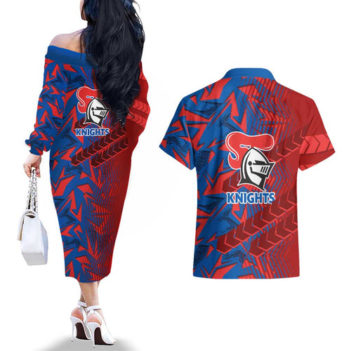 Newcastle Knights Rugby Couples Matching Off The Shoulder Long Sleeve Dress and Hawaiian Shirt Fierce Mascot Geometric Tribal Art