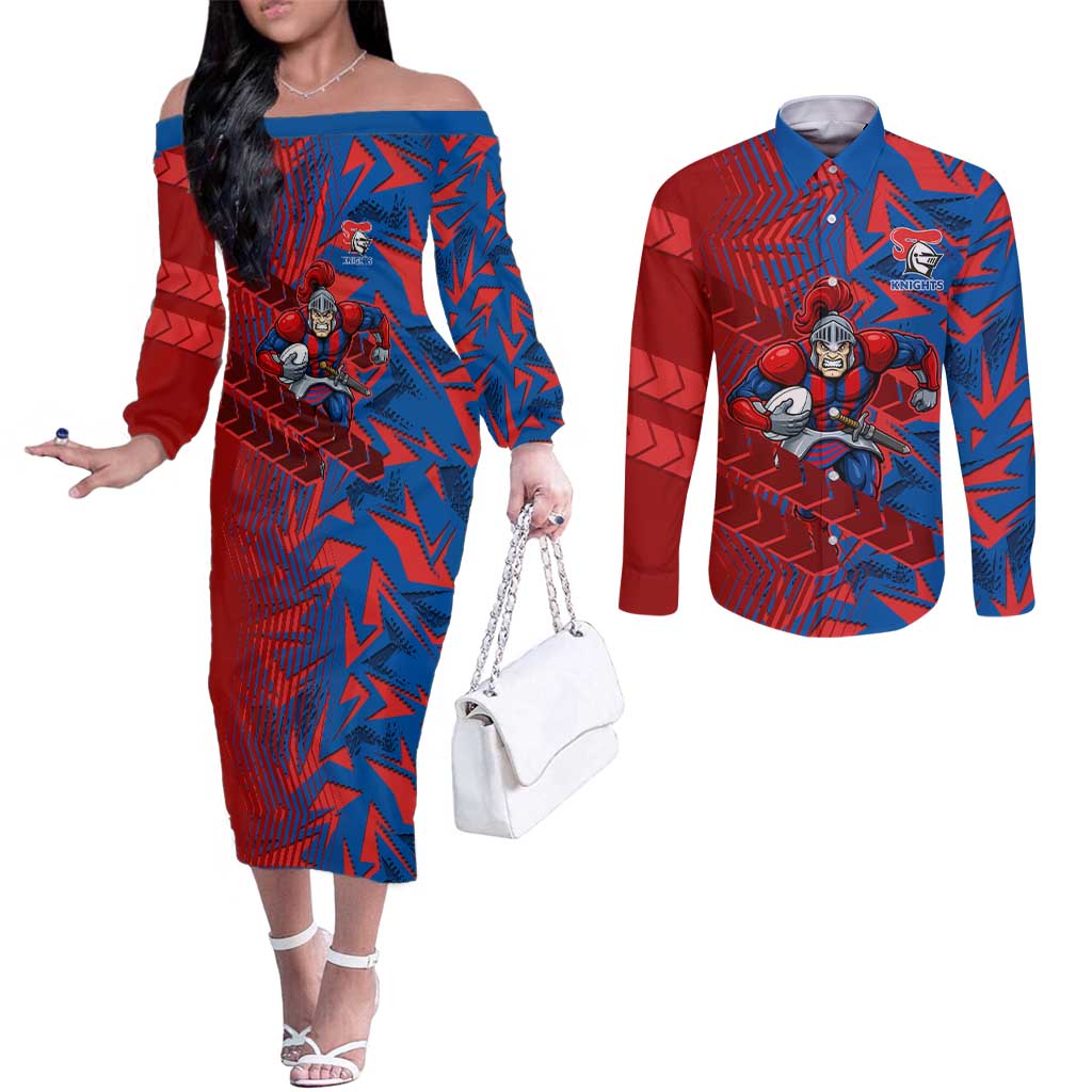 Newcastle Knights Rugby Couples Matching Off The Shoulder Long Sleeve Dress and Long Sleeve Button Shirt Fierce Mascot Geometric Tribal Art