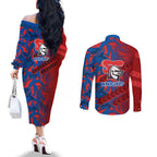 Newcastle Knights Rugby Couples Matching Off The Shoulder Long Sleeve Dress and Long Sleeve Button Shirt Fierce Mascot Geometric Tribal Art