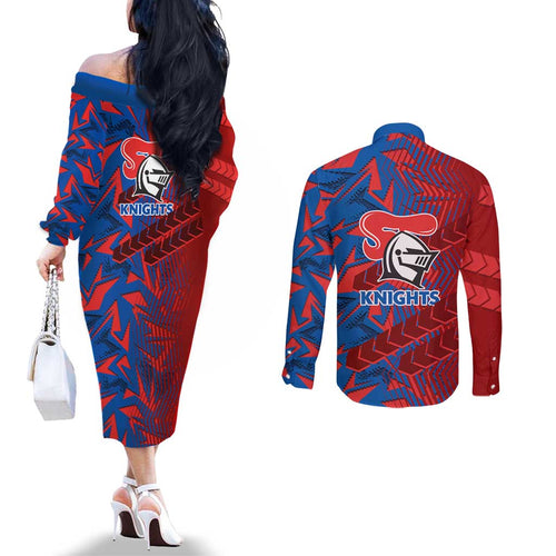 Newcastle Knights Rugby Couples Matching Off The Shoulder Long Sleeve Dress and Long Sleeve Button Shirt Fierce Mascot Geometric Tribal Art