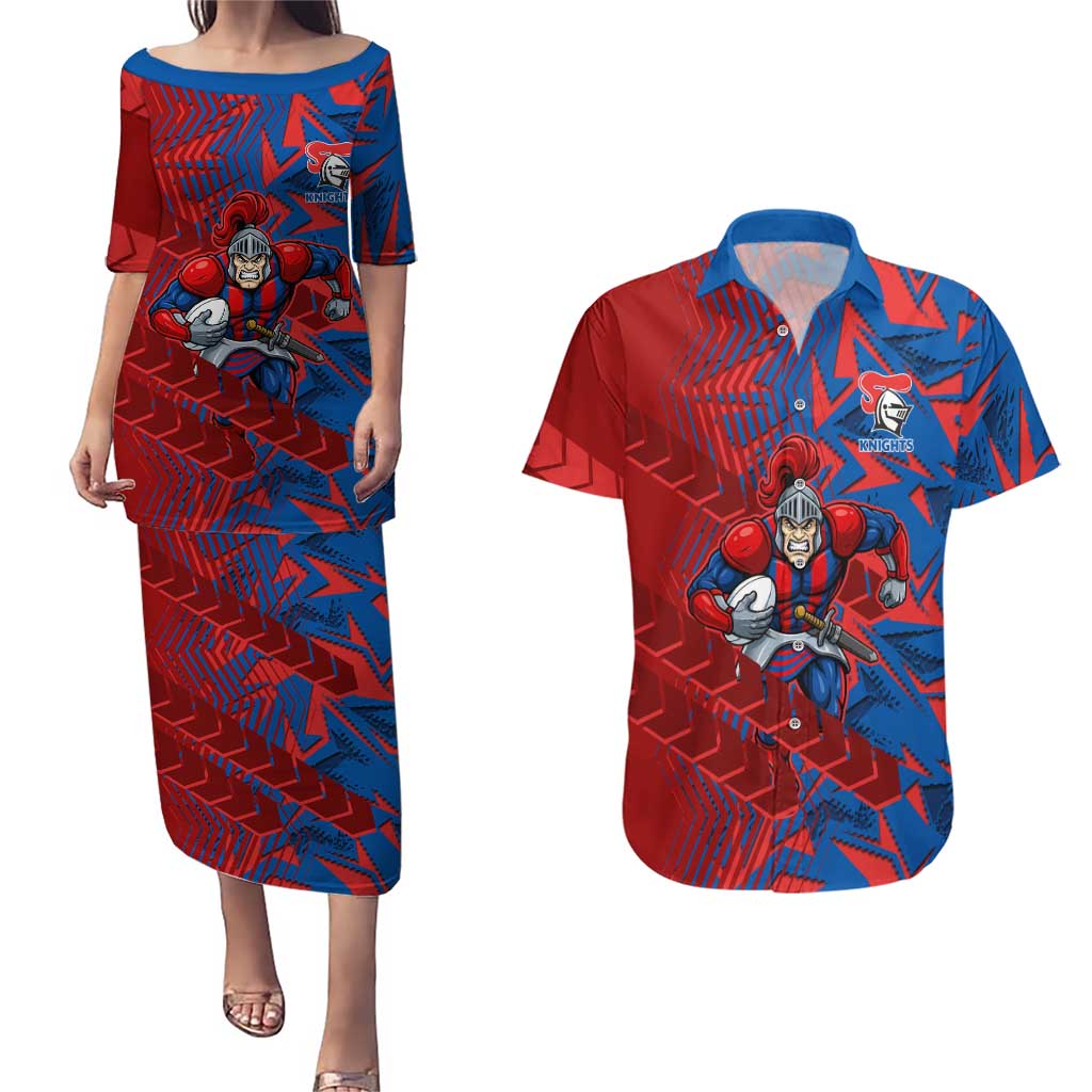 Newcastle Knights Rugby Couples Matching Puletasi and Hawaiian Shirt Fierce Mascot Geometric Tribal Art