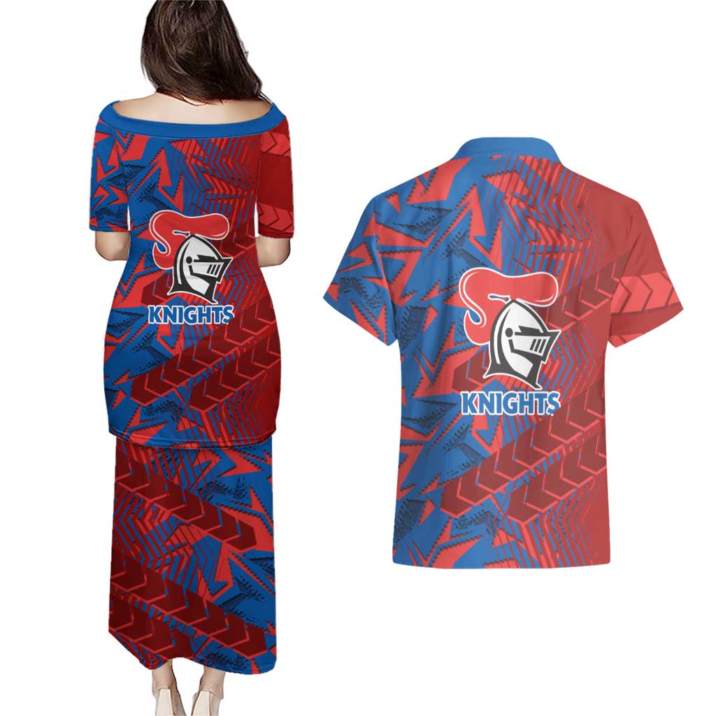 Newcastle Knights Rugby Couples Matching Puletasi and Hawaiian Shirt Fierce Mascot Geometric Tribal Art