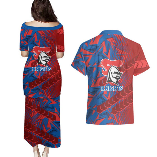 Newcastle Knights Rugby Couples Matching Puletasi and Hawaiian Shirt Fierce Mascot Geometric Tribal Art