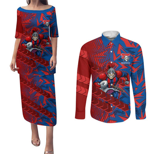 Newcastle Knights Rugby Couples Matching Puletasi and Long Sleeve Button Shirt Fierce Mascot Geometric Tribal Art
