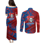 Newcastle Knights Rugby Couples Matching Puletasi and Long Sleeve Button Shirt Fierce Mascot Geometric Tribal Art