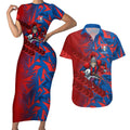 Newcastle Knights Rugby Couples Matching Short Sleeve Bodycon Dress and Hawaiian Shirt Fierce Mascot Geometric Tribal Art