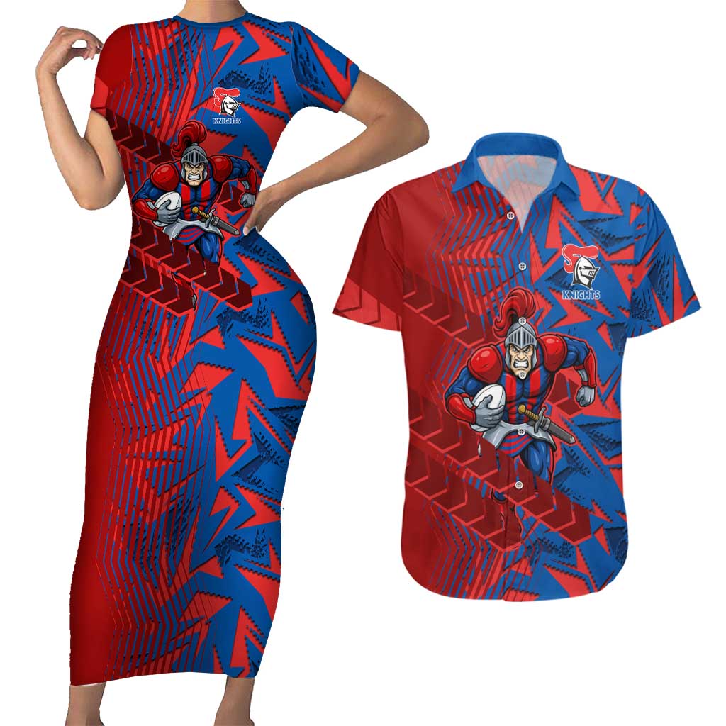Newcastle Knights Rugby Couples Matching Short Sleeve Bodycon Dress and Hawaiian Shirt Fierce Mascot Geometric Tribal Art