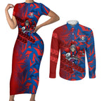 Newcastle Knights Rugby Couples Matching Short Sleeve Bodycon Dress and Long Sleeve Button Shirt Fierce Mascot Geometric Tribal Art