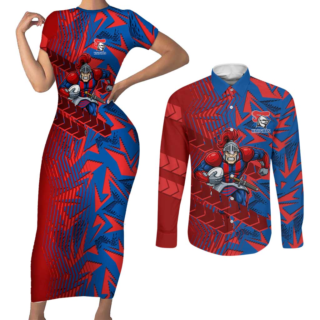 Newcastle Knights Rugby Couples Matching Short Sleeve Bodycon Dress and Long Sleeve Button Shirt Fierce Mascot Geometric Tribal Art