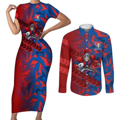 Newcastle Knights Rugby Couples Matching Short Sleeve Bodycon Dress and Long Sleeve Button Shirt Fierce Mascot Geometric Tribal Art